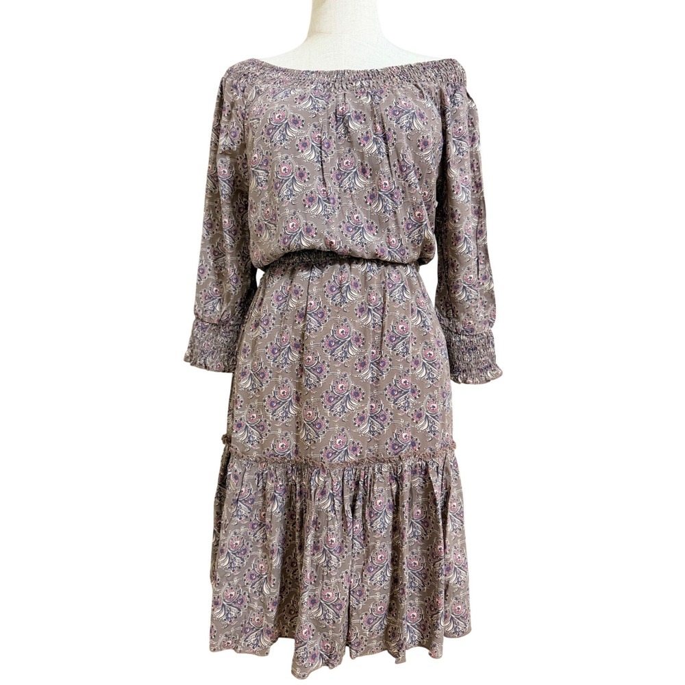 Solitaire Midi Dress Womens S Mauve Paisley Off Shoulder Smocked Tiered Boho